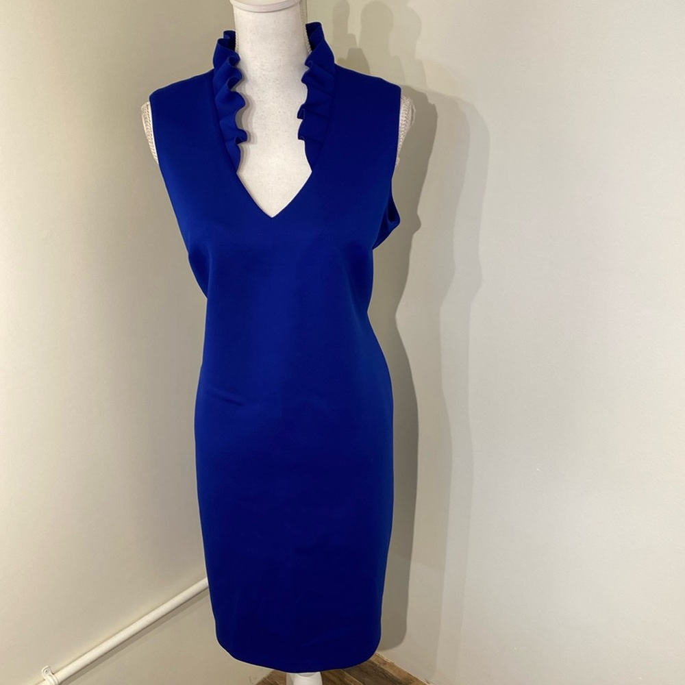 Calvin Klein Royal Blue Ruffle V-Neck Midi Dress